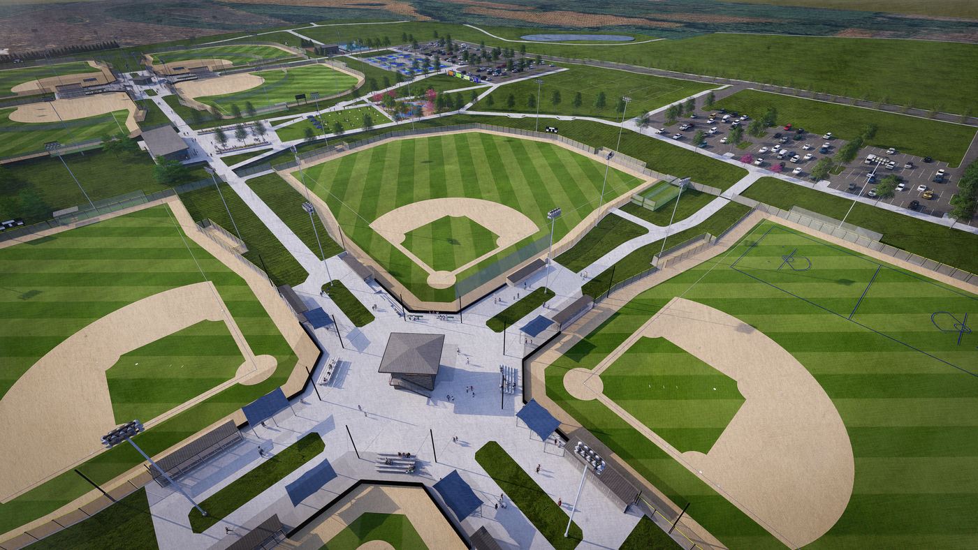 Aerial rendering of the South Baseball Quad: four diamonds meeting at a central plaza with a pavilion, shade canopies and bleachers.