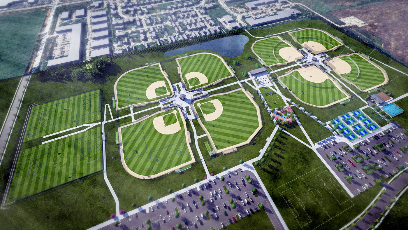 Aerial rendering of Altra Sportsplex as designed: two baseball quads of four diamonds each, two multipurpose turf fields to the west, and pickleball courts and parking to the east.