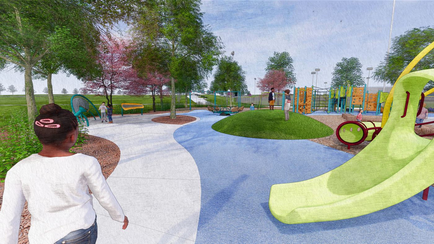 Ground-level view of the playground: climbing structures, swings, slides and a poured surface, with shade trees and paths.