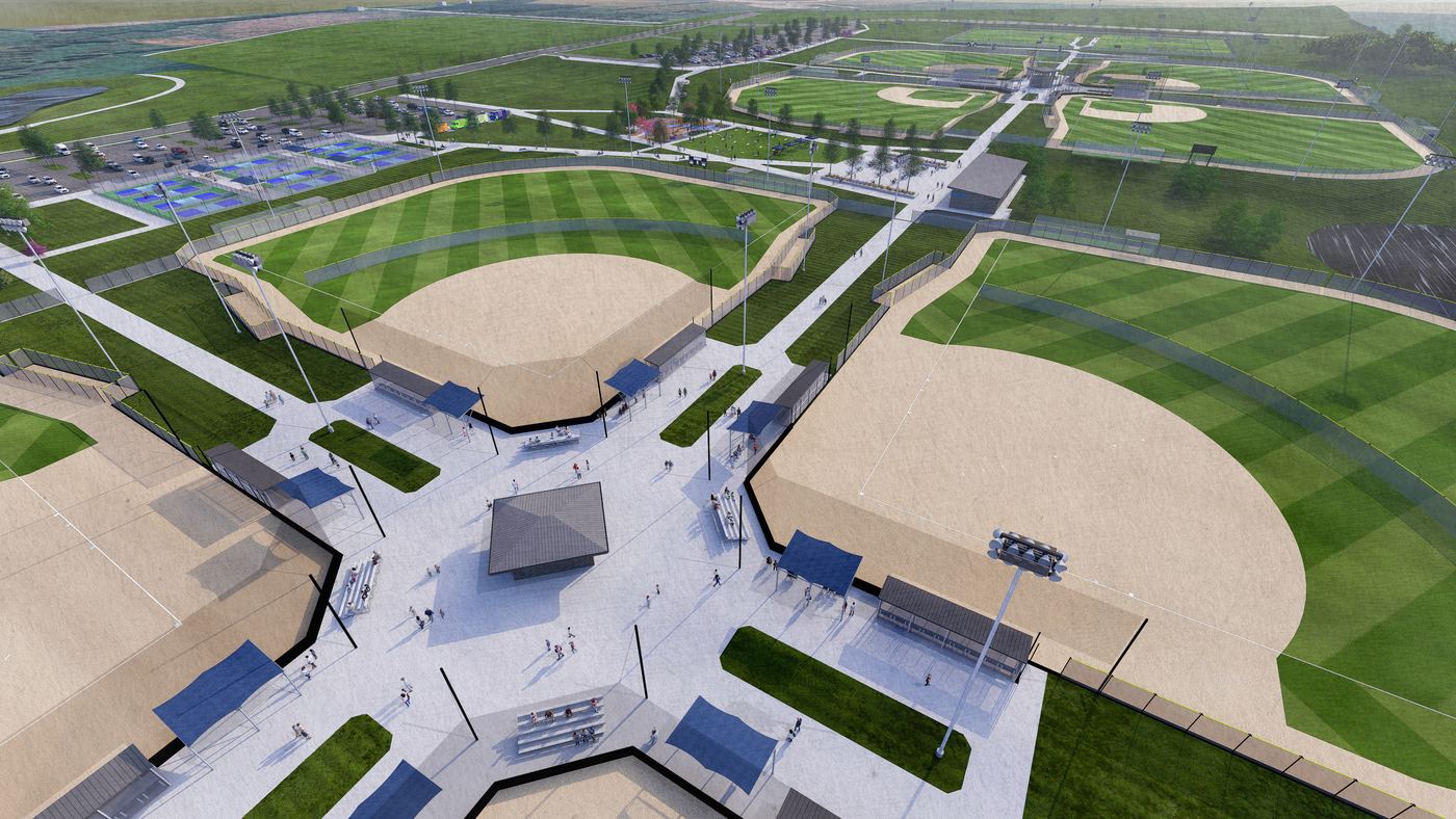 Aerial rendering of the North Baseball Quad, with the pickleball courts at the upper left and parking beyond.